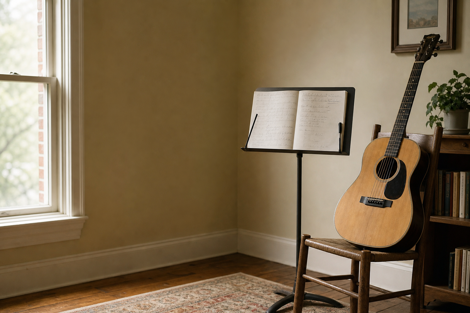Acoustic guitar and music stand in a quiet practice room